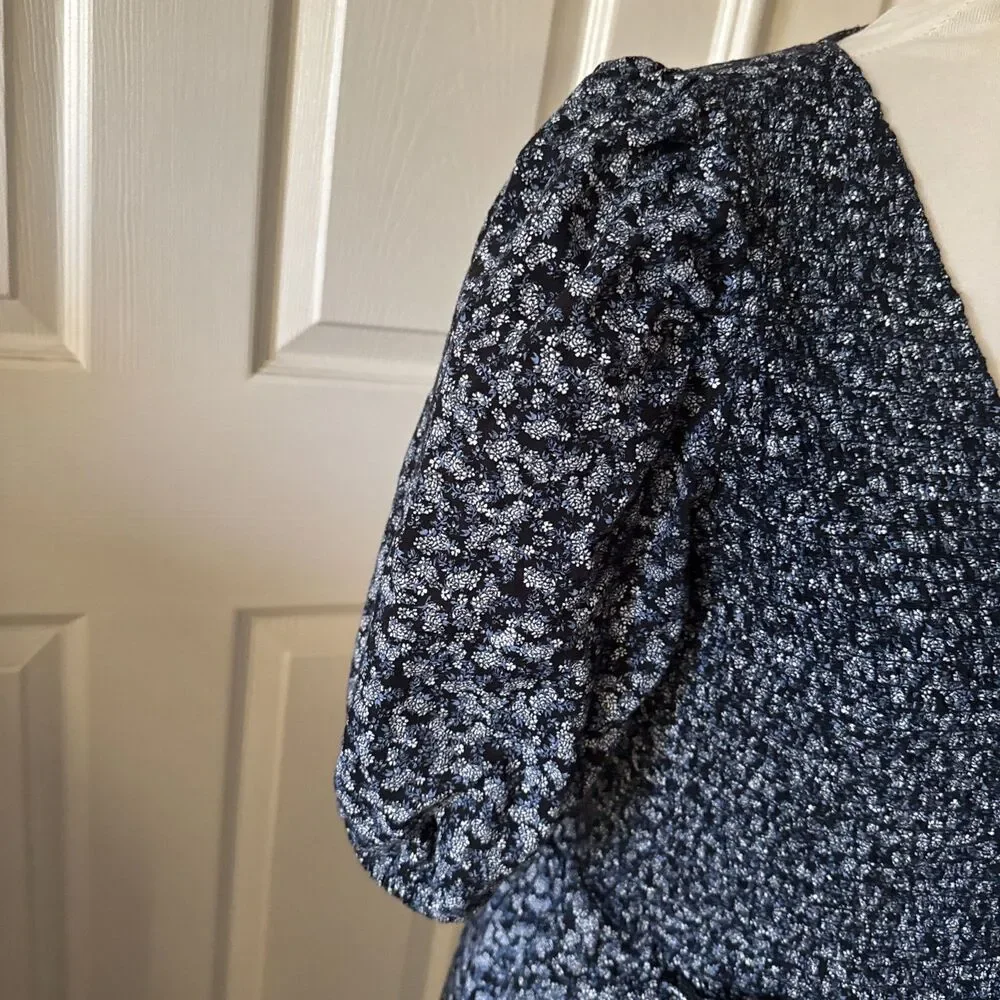 Smocked Puff Sleeve Floral Maxi Dress Womens Medium‎ Blue Cottagecore Pockets